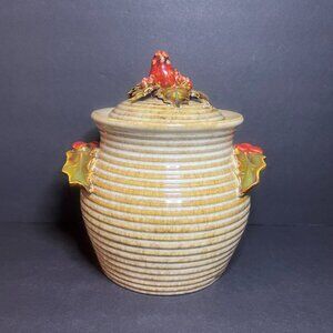 Decorative Ceramic Cardinal on Berries & Holly Leaves Christmas Canister Jar 7"